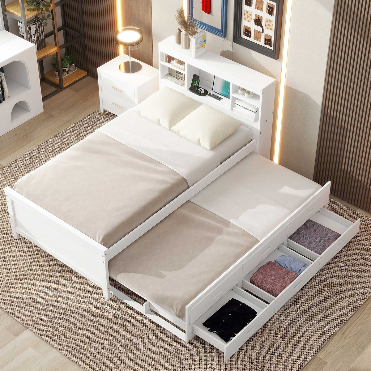 Platform Bed With Storage Headboard, USB, Trundle And 3 Drawers