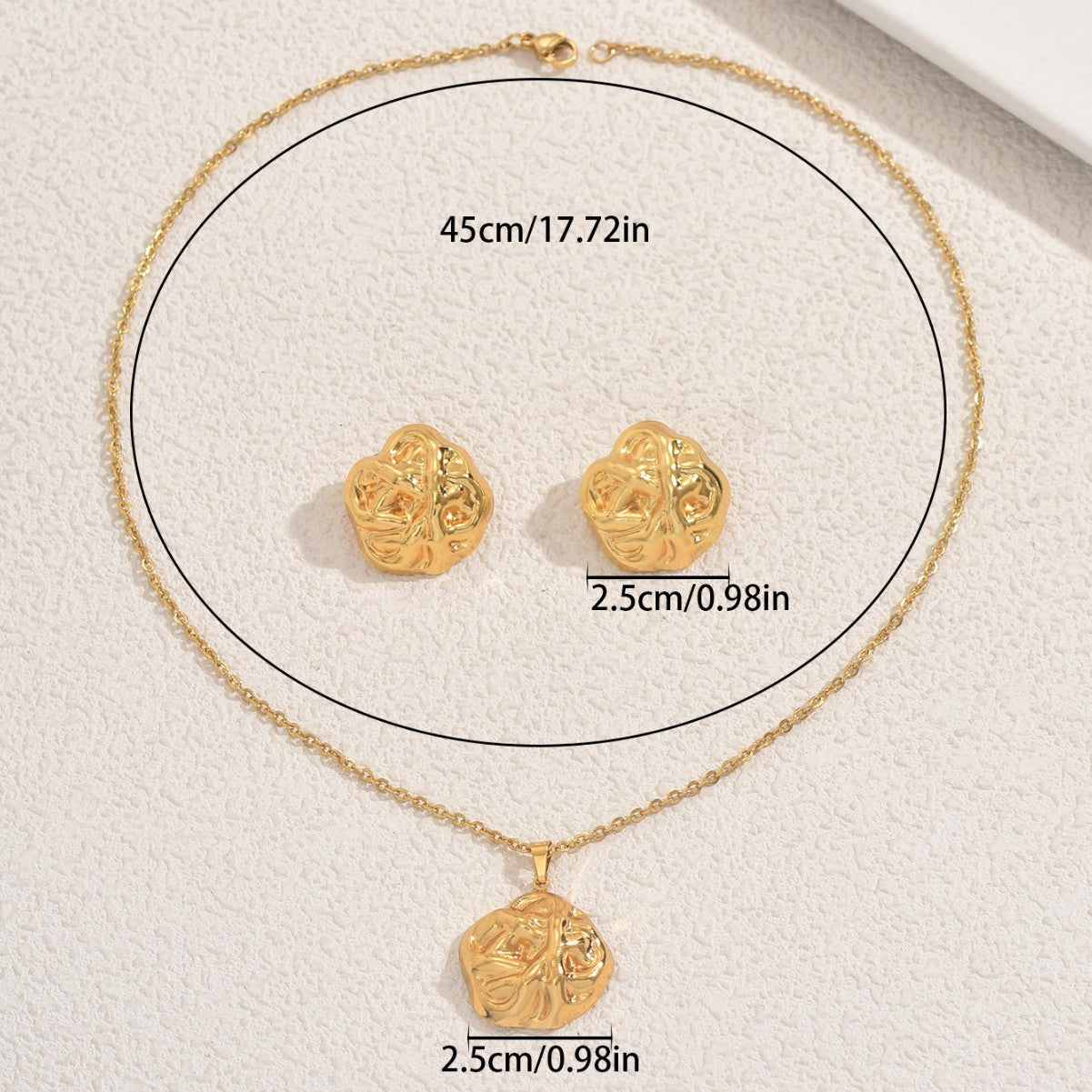Cross-border European American Women Jewelry Set, Unique Wrinkle Metal Geometric Design Matching Necklace & Versatile Premium Texture Earrings