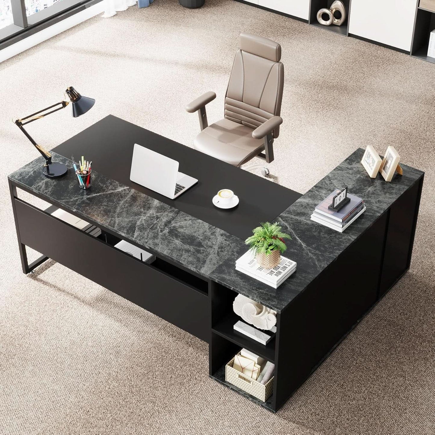71 Inch Black L Shaped Executive Desk With Storage