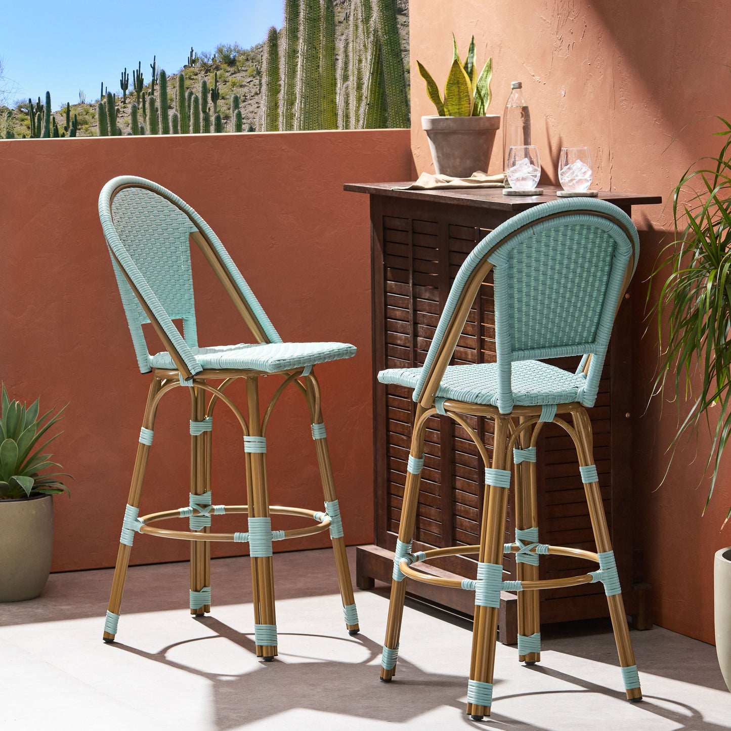 29.5 Inch Outdoor PE Rattan Aluminum French Barstools, Set of 2, Light Teal