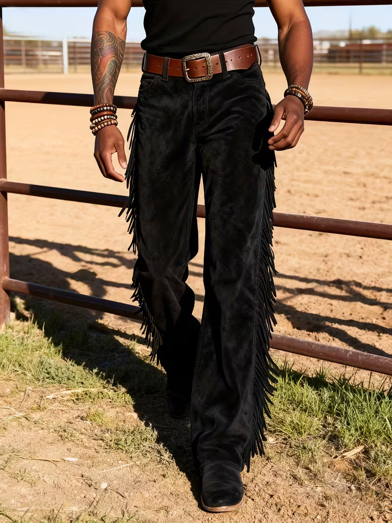 Retro Western Cowboy Deer Skin Fleece Fringe Wide Leg Pants