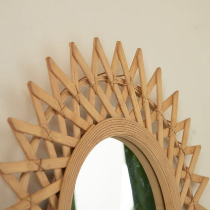 Wall Mirror Round Bamboo Hemp Rope Diamond Pattern Natural Boho 23.6 In