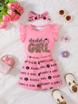 Children's Headband Letter Ruffle Sleeve Top and Shorts 3-Piece Set