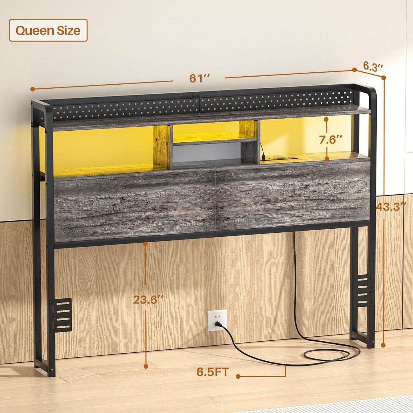 Queen Size Headboard With Storage Shelf And USB Ports
