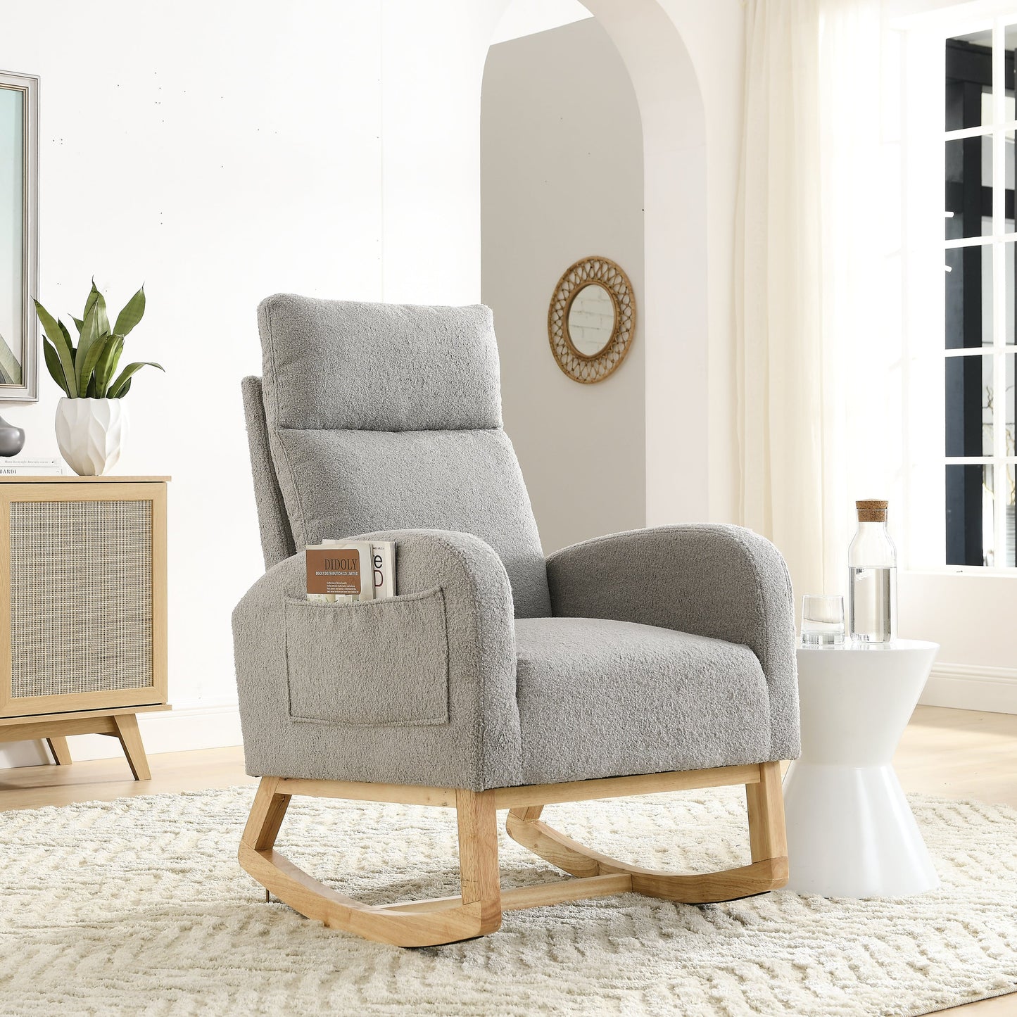 Gray Teddy Fabric Rocking Chair High Back Side Pockets 27.6