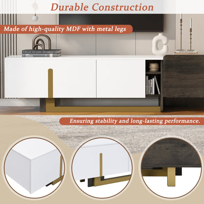 TV Stand Luxury White MDF Metal Legs Drawer 2-Cabinet Fits 70 In TV 66.7 In