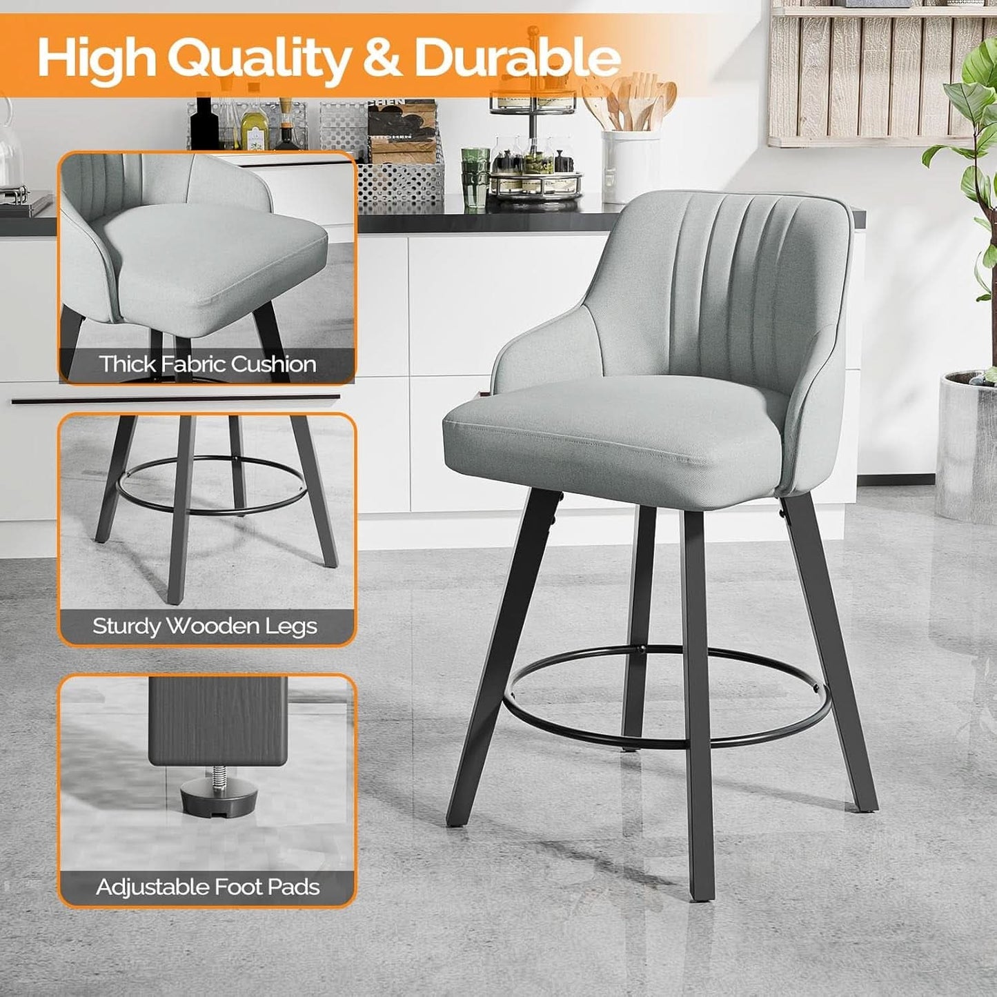 Linen Fabric Upholstered Swivel Barstools Set of Two