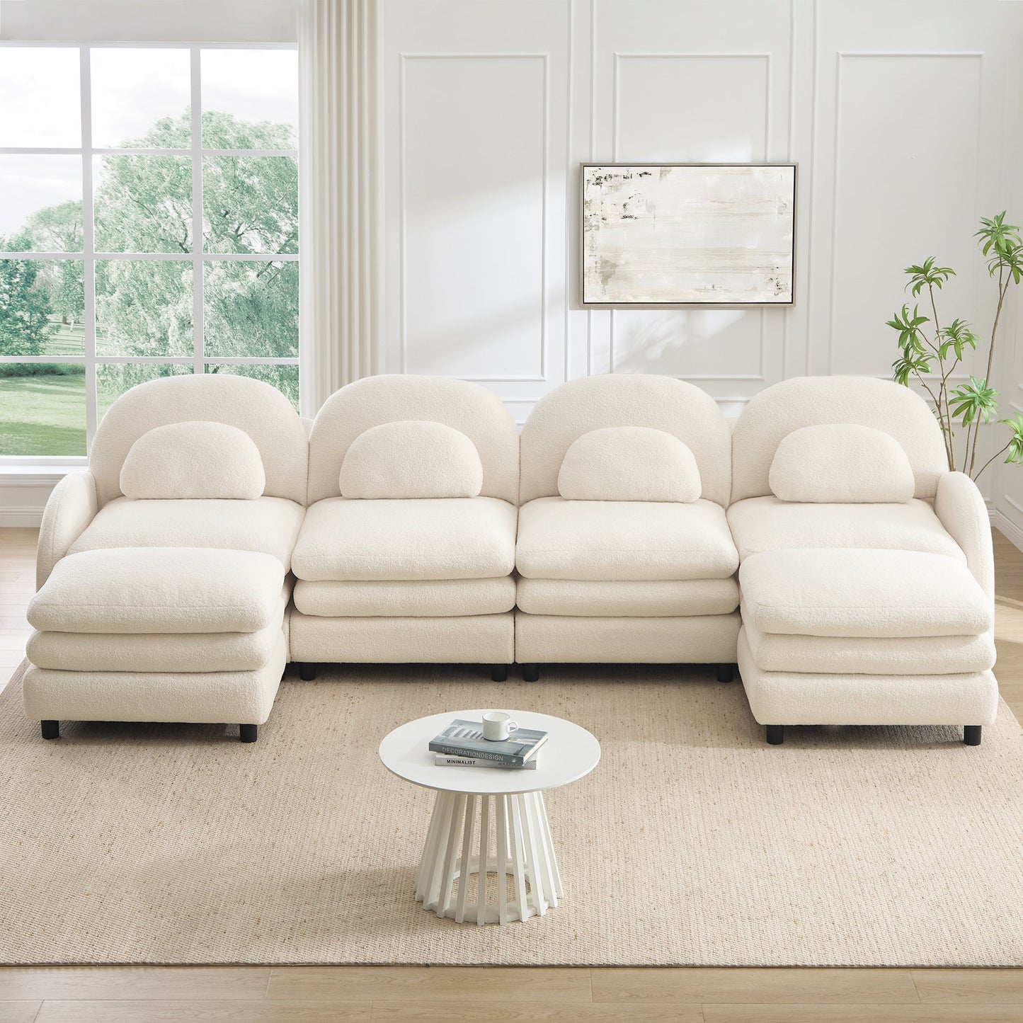 Sectional Sofa Modular Teddy Fleece Beige 4 Seat Curved Back with Ottomans
