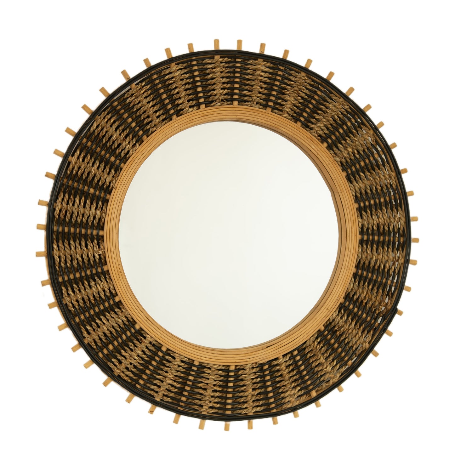 Wall Mirror Round Bamboo Hemp Rope Frame Natural Boho 23 In
