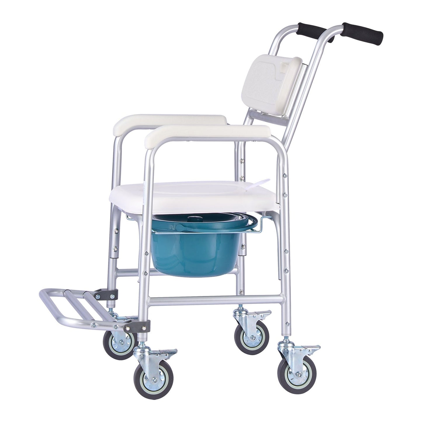 Commode Chair 4-Wheel 4-in-1 Aluminum 350 LB Rolling Lockable Padded Seat