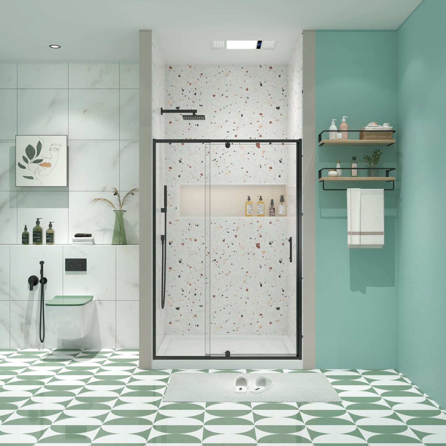 56-60in W x 71in H Pivot Swing Glass Shower Door, Matte Black, 6mm Clear SGCC