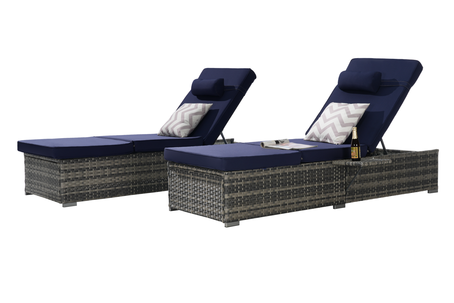 Outdoor Chaise Lounge Chair Set of 2, Rattan Storage Patio Pool Chairs with Cushion