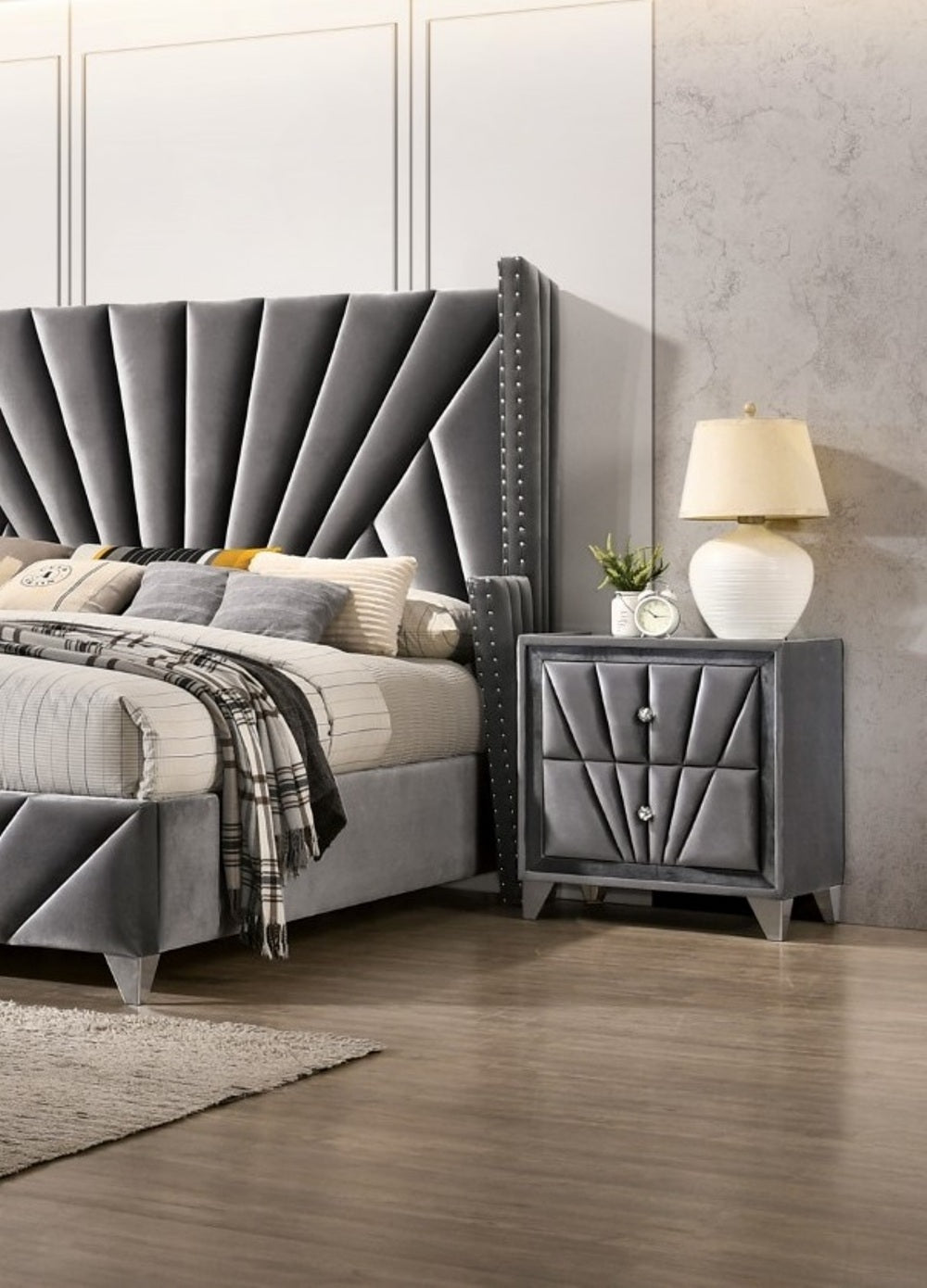 Gray Fabric Upholstered Nightstand, Chrome Legs, Bedroom Bedside Table