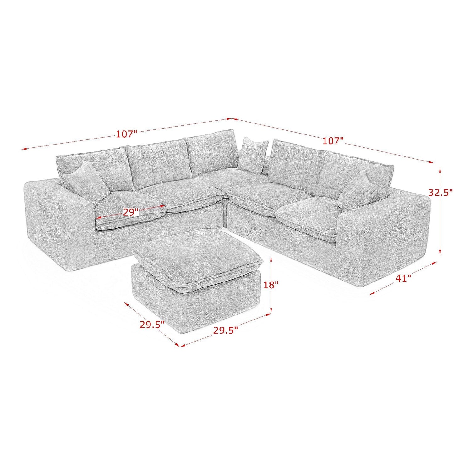 Sectional Sofa Modular Boucle Orange 6 Seat Ottoman 107 In No Assembly
