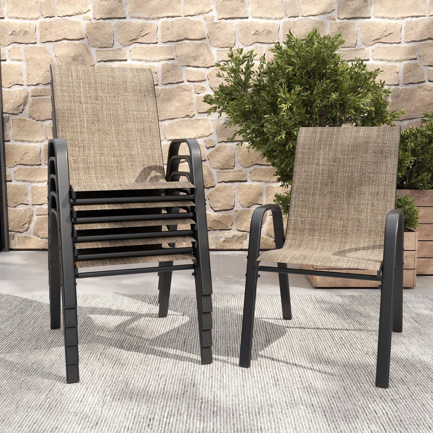 7-Piece Outdoor Patio Dining Set, 63' x 38' Rectangular Wood-Grain Metal Table