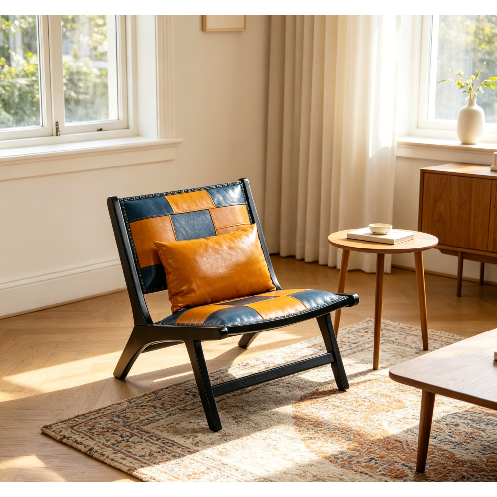 Mid-Century Accent Lounge Chair – Solid Wood Frame, Wide Seat, Boho Scandinavian Style