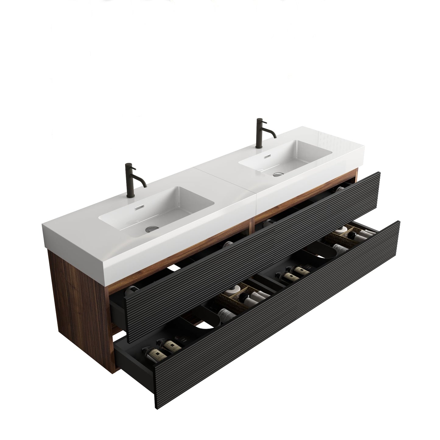 72'' Double Bathroom Vanity with Matt Black Quartz Sink Soft Black Drawers Wall Mount