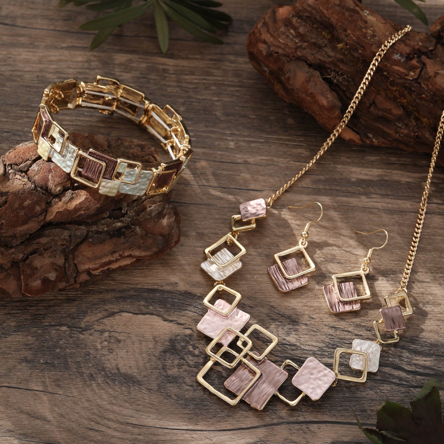 Color Painting Oil Geometric Square Ear Studs Bracelet And Necklace Set