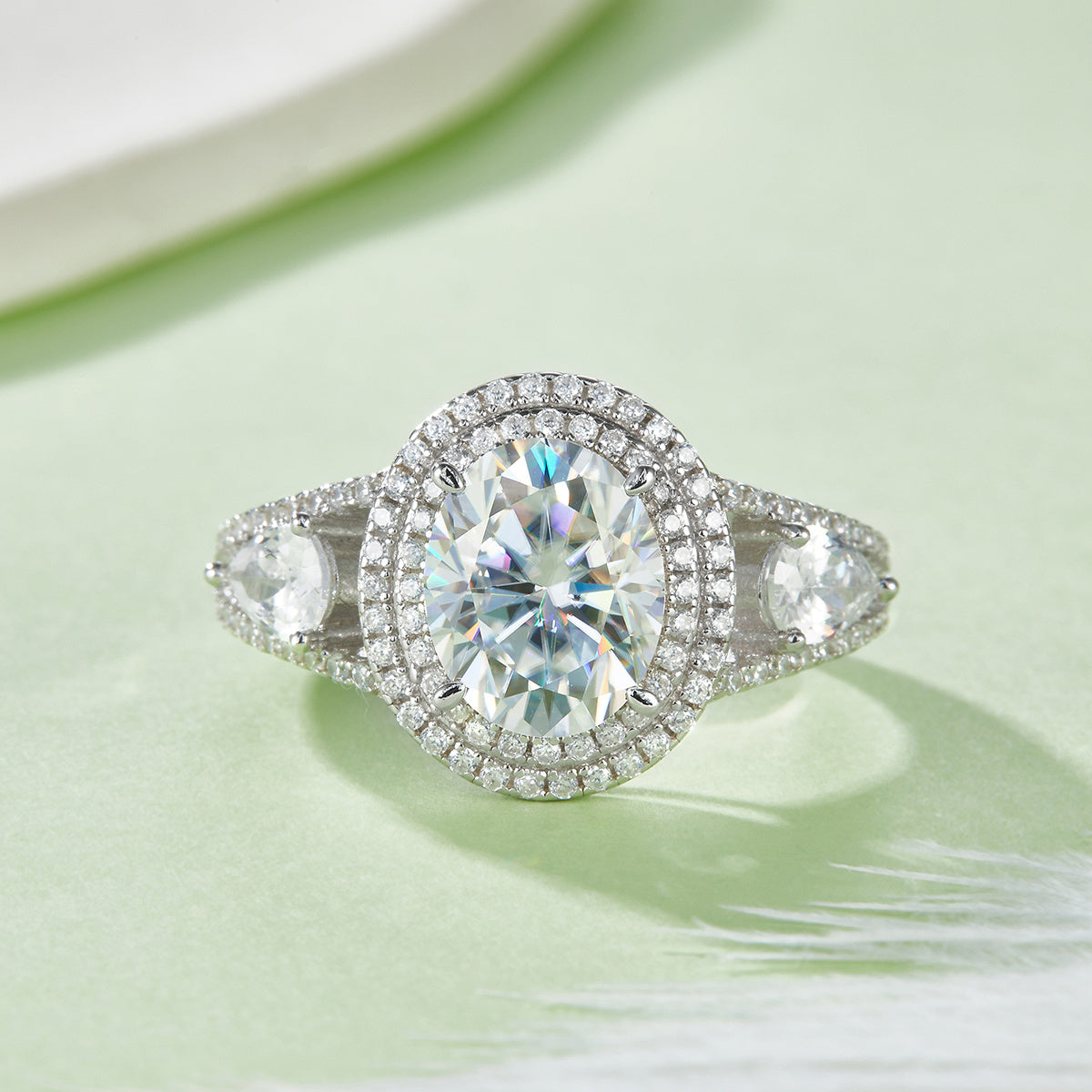 3 Carat Oval Moissanite Engagement Ring, Double Halo S925 Silver Platinum Plated 8x10mm D Color VVS1 With GRA Certificate, US Size 5-9.