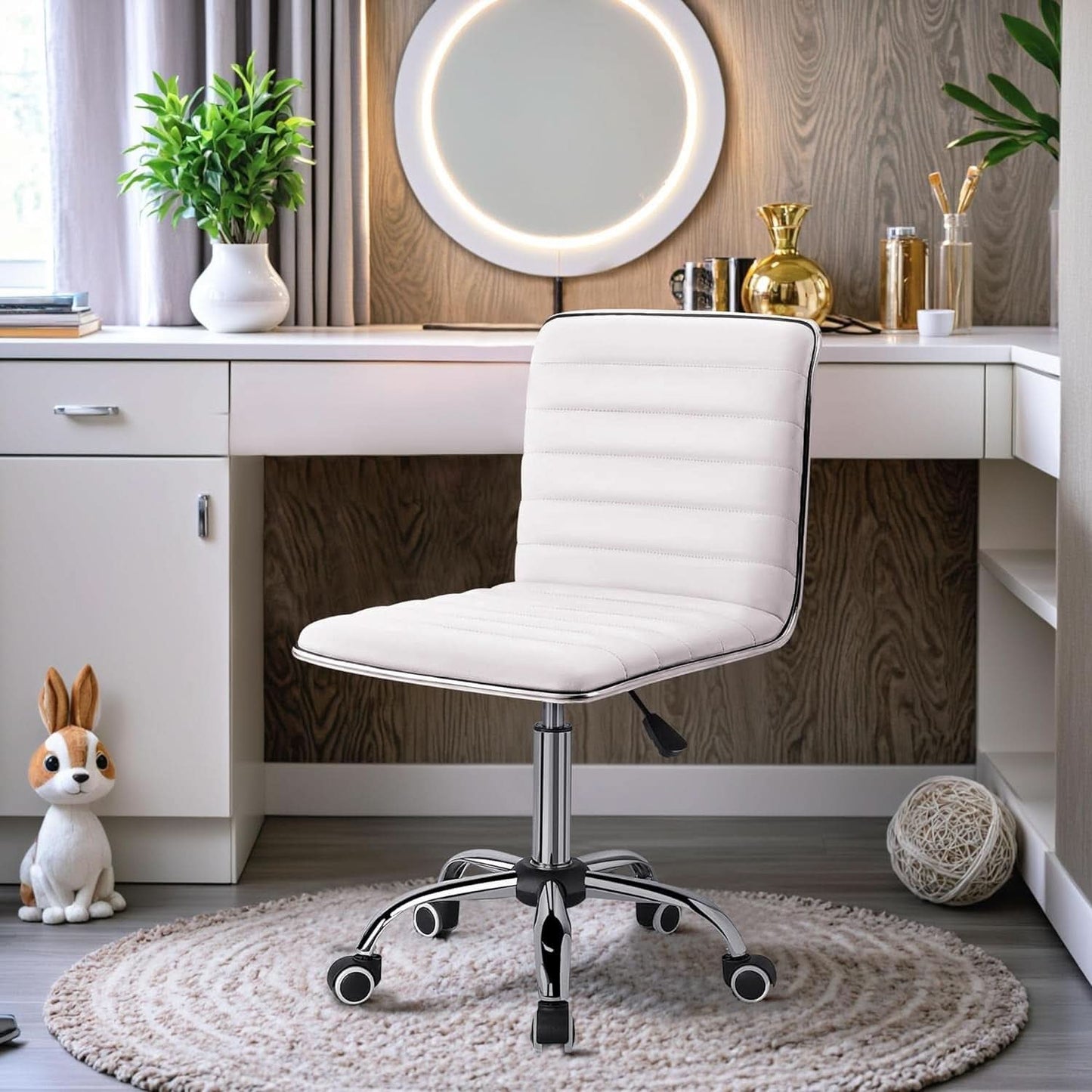 Mid Back Vanity Chair White PU Leather Swivel Office Chair