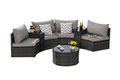 Outdoor Sectional Set PE Rattan Steel Light Gray Half Moon 7 Piece 380 LB