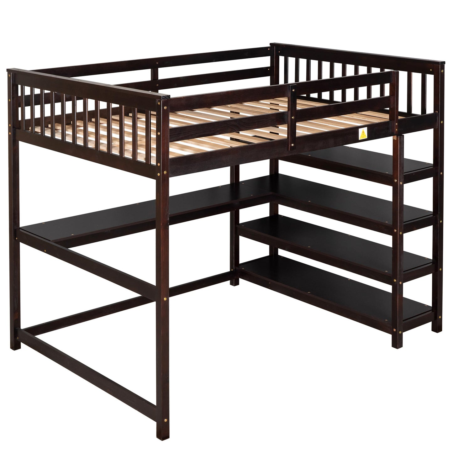 Espresso Full Size Loft Bed with Storage Shelves and Under-bed Desk, Solid Pi...
