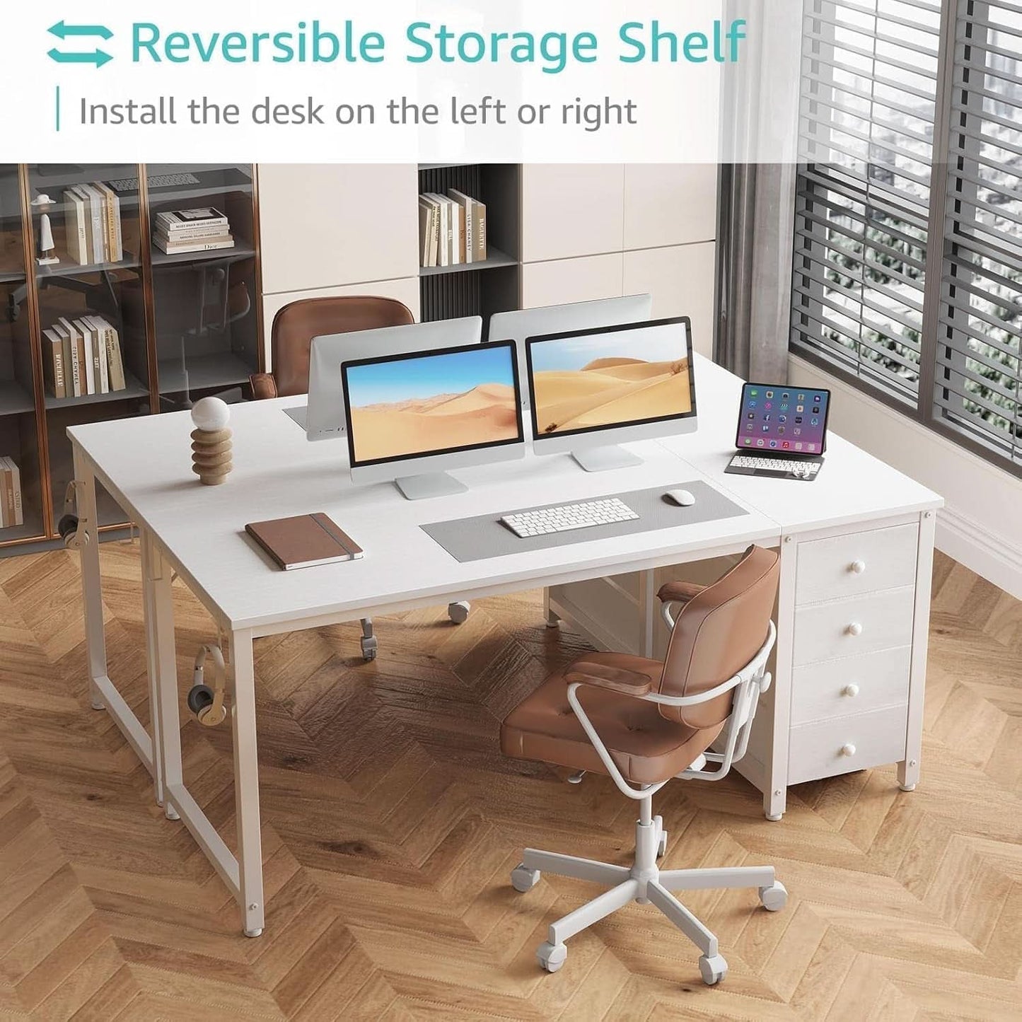 55 Inch White Computer Desk With Fabric Drawer For Home Office