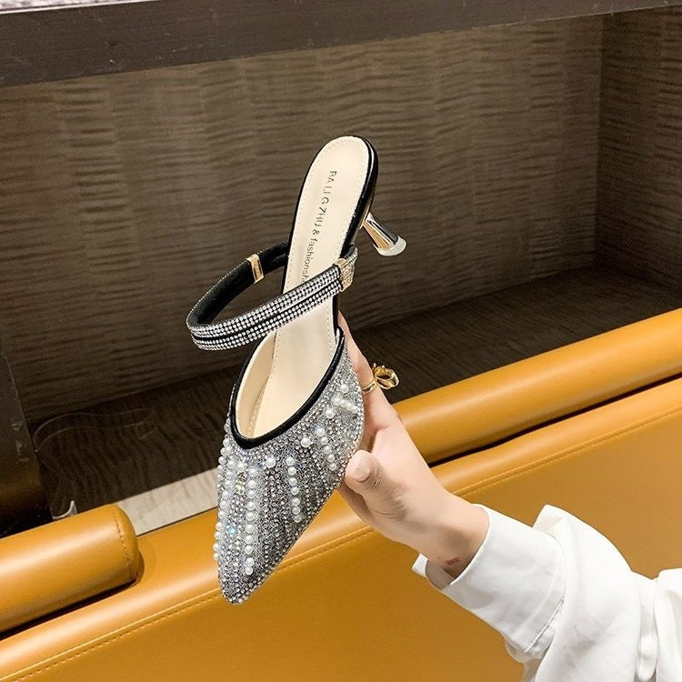 Women Pearl Rhinestone Pointed Toe High Heel Slippers, 2026 New Korean Fairy Style Thin Heel Single Strap Sandals For Outdoor Wear