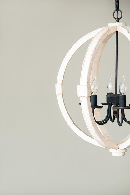 Chandelier Antique Cream 6-Light Pine Wood Iron 22.5 In 26 In