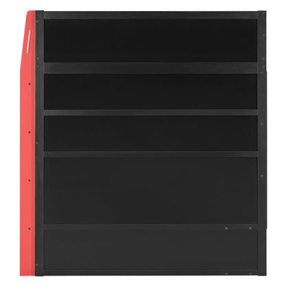 Full Size Wood Loft Bed with Desk, Multi-storage Shelves and RGB Light, Red