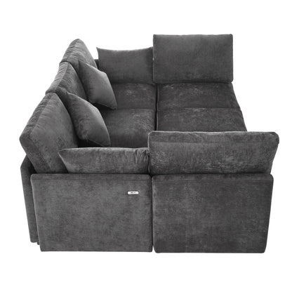 Sectional Sofa U-Shape Modular Chenille Black 5-Seat USB Ports 86.6x61.4 In
