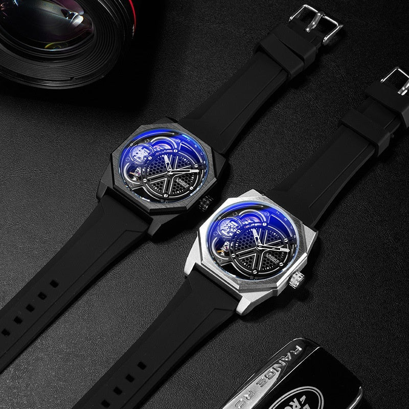 Mens Watch Tonneau-shaped Skeleton Dual-movement Quartz Wristwatch