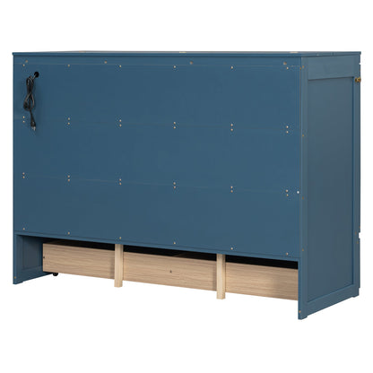 Queen Size Murphy Bed Wall Bed with Drawer and Sockets and USB Ports, Navy Blue