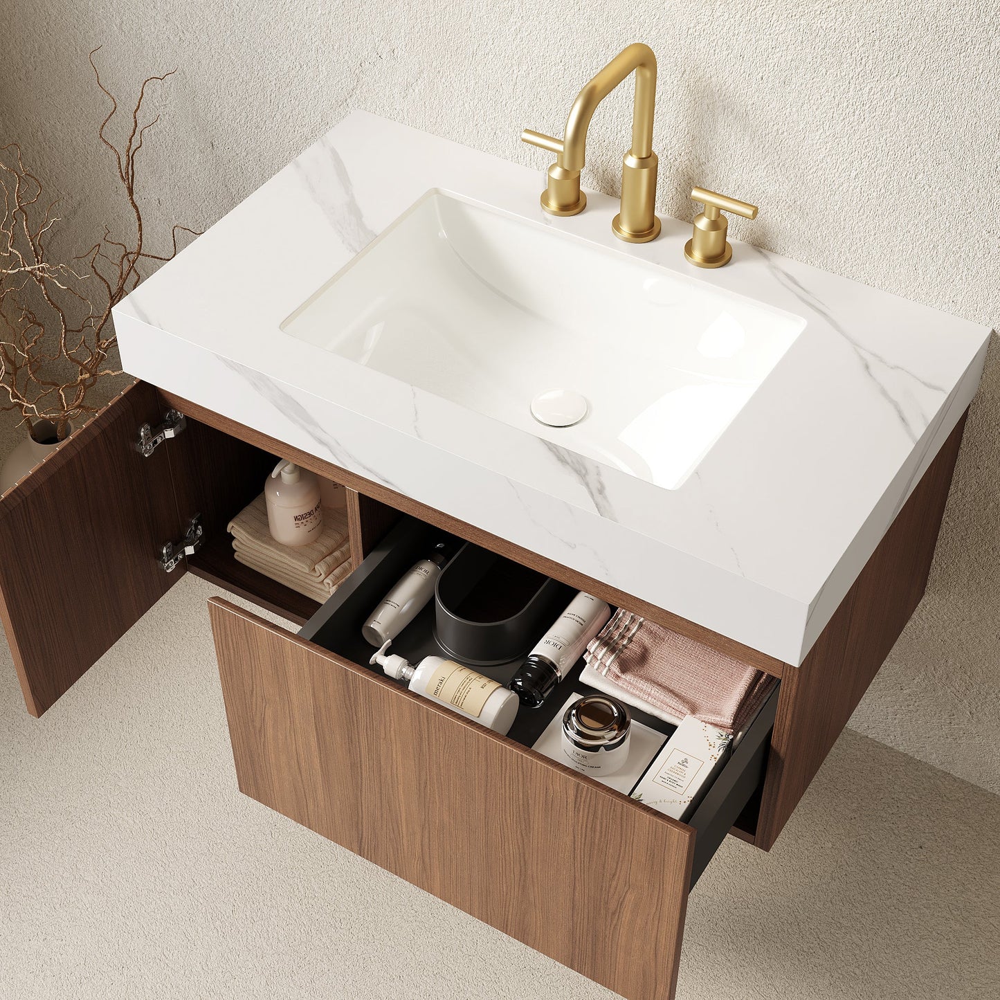 36' Bathroom Vanity with Sink, Floating Plywood Cabinet Carrara White Sintered Stone
