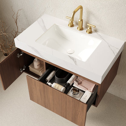 36' Bathroom Vanity with Sink, Floating Plywood Cabinet Carrara White Sintered Stone
