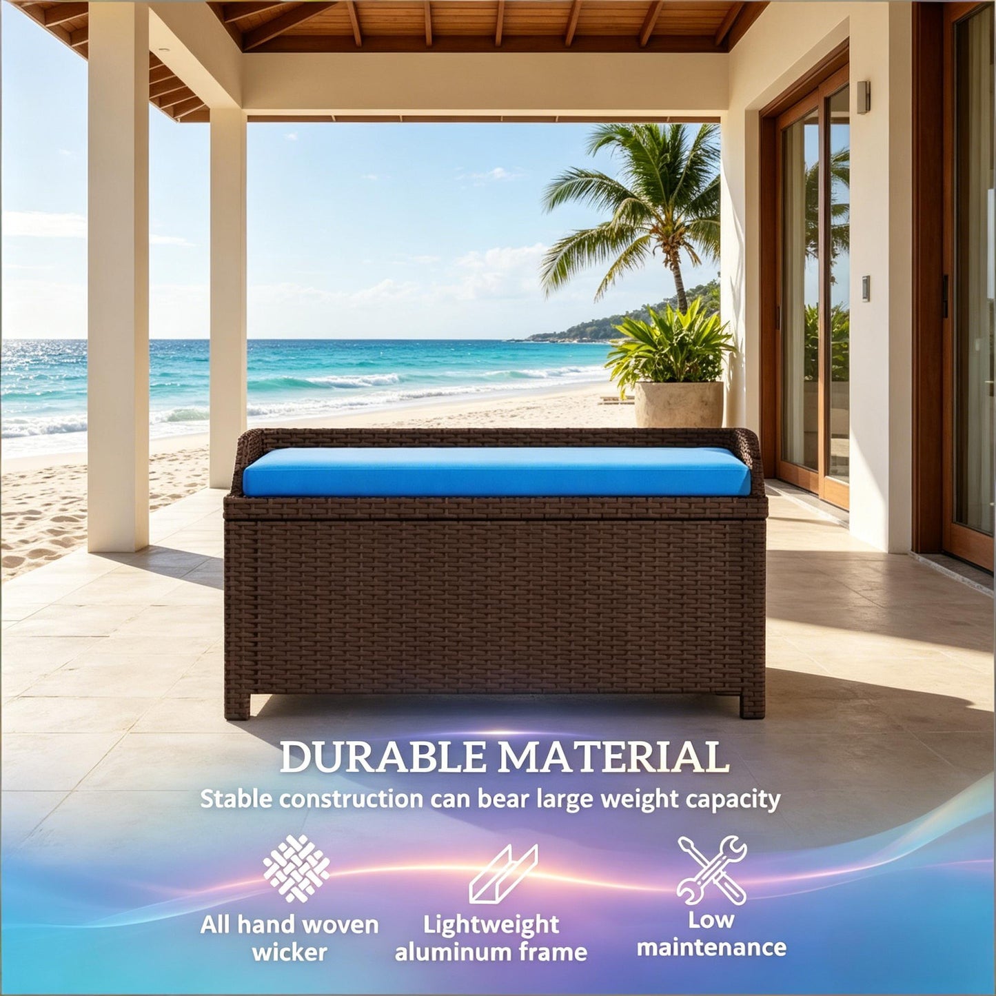 Patio Storage Bench, Garden Outdoor Wicker Storage Bench with Cushion