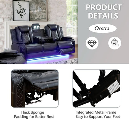 Power Leather Recliner Sofa Set LED Lights USB Ports Black