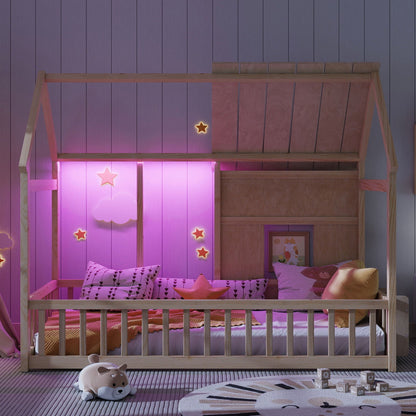 House Floor Bed With 7 Color LED Light, Built In Bookshelf