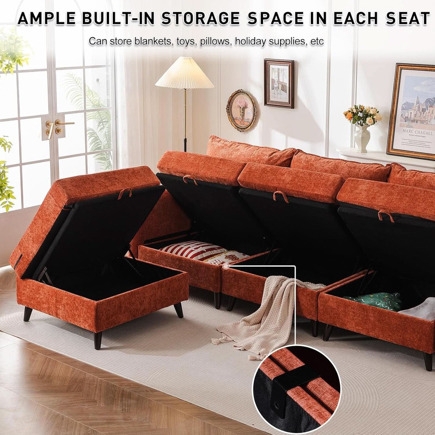 Velvet Orange 135 Modular Sectional Sofa Storage Ottoman