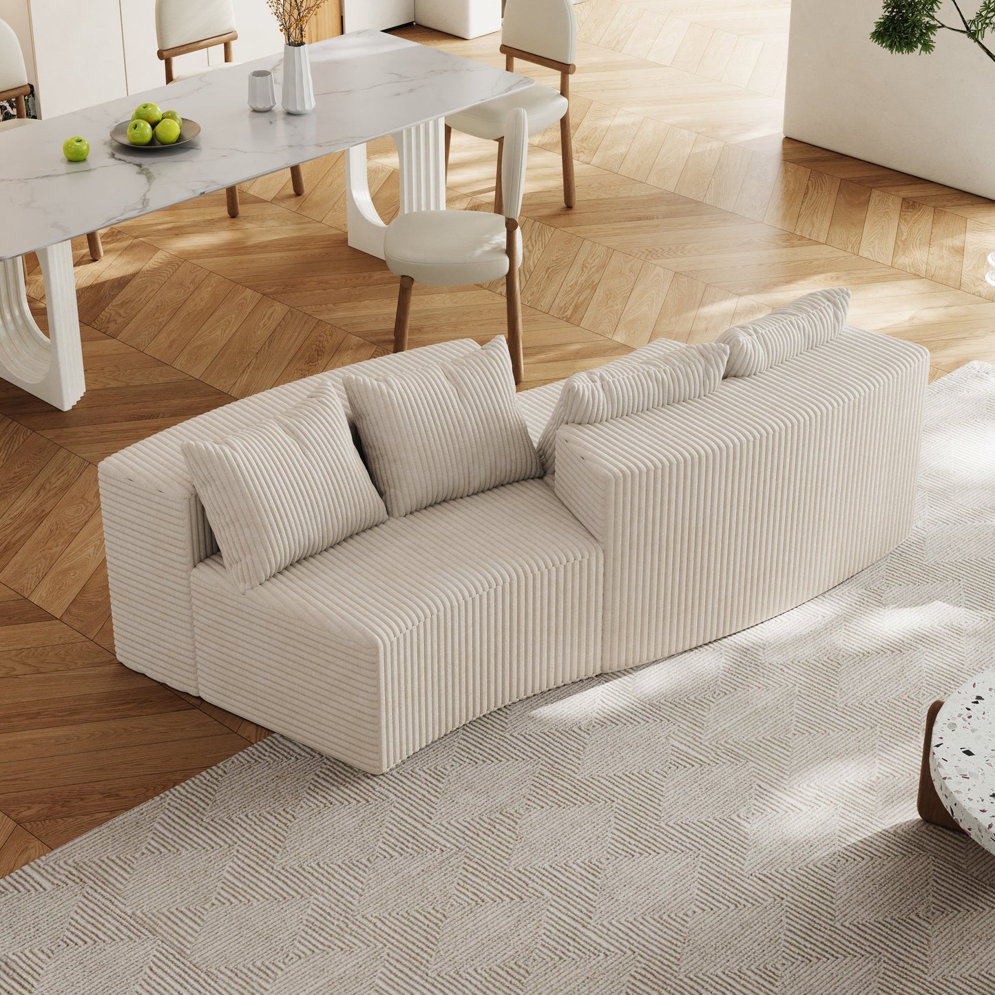 Sectional Sofa Modular Curved Corduroy Beige 2 Seat 4 Pillows