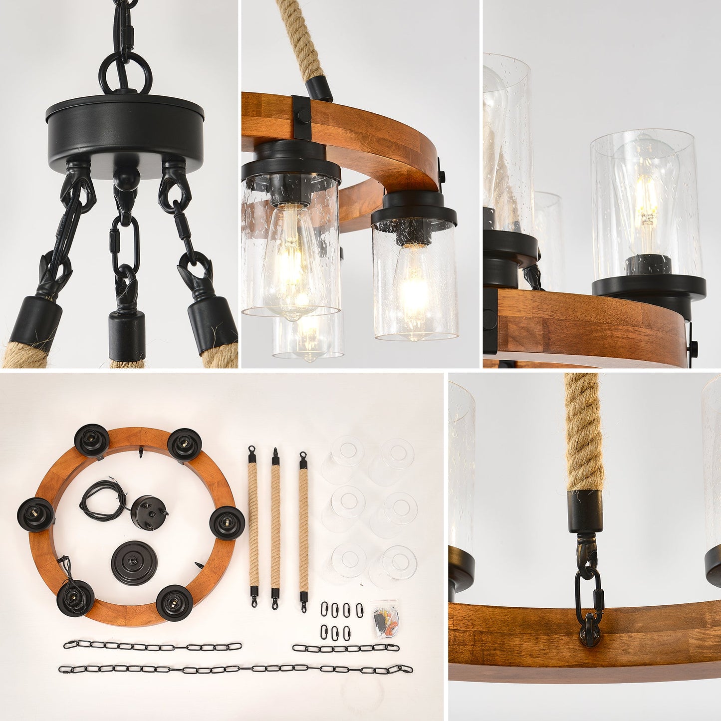 Chandelier Wood Round 6-Light Wagon Wheel Farmhouse Seeded Glass 23.62 In