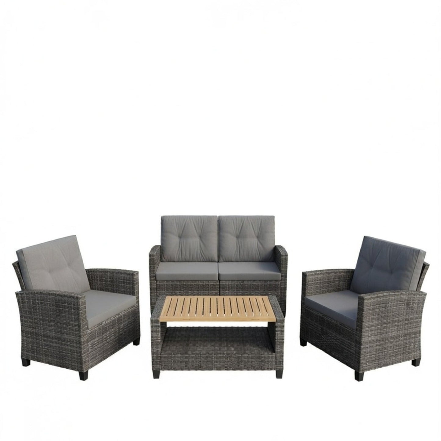 Outdoor Patio Set PE Rattan Gray 4 Piece Loveseat Chairs Acacia Table