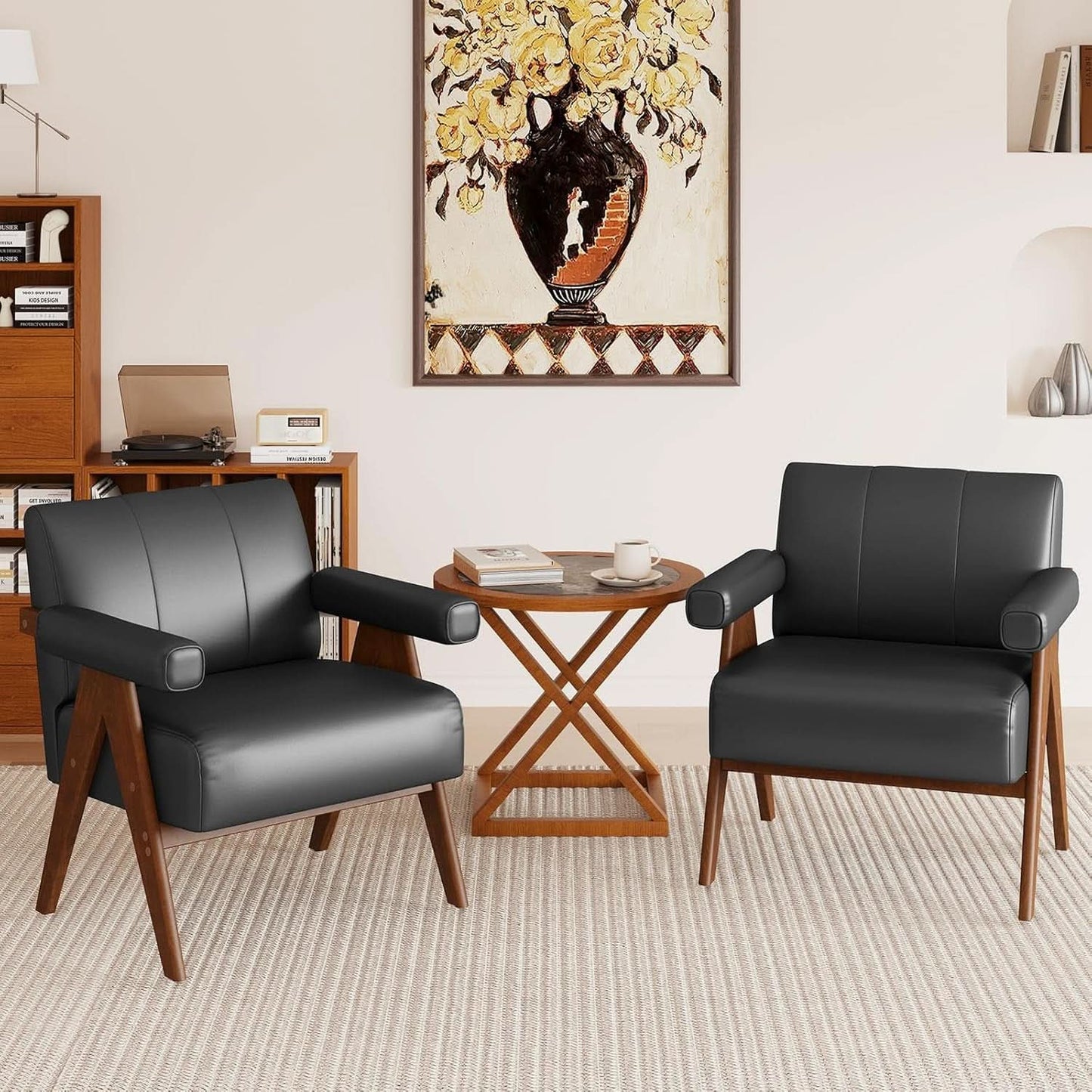 Mid Century Black Leather Upholstered Armchairs Pair