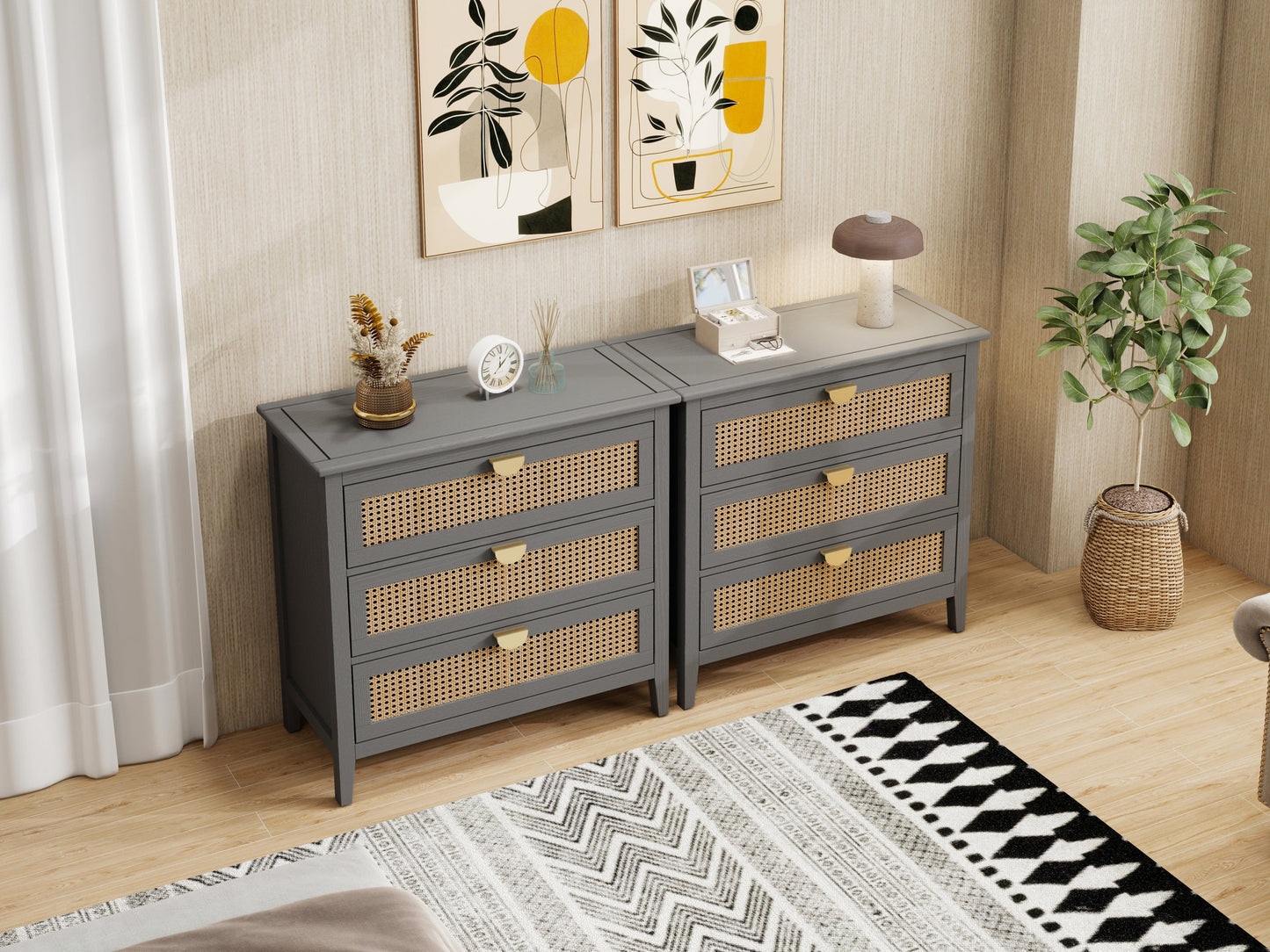 3-Drawer Cabinet - Natural Rattan - Suitable for Bedroom, Living Room, or Study