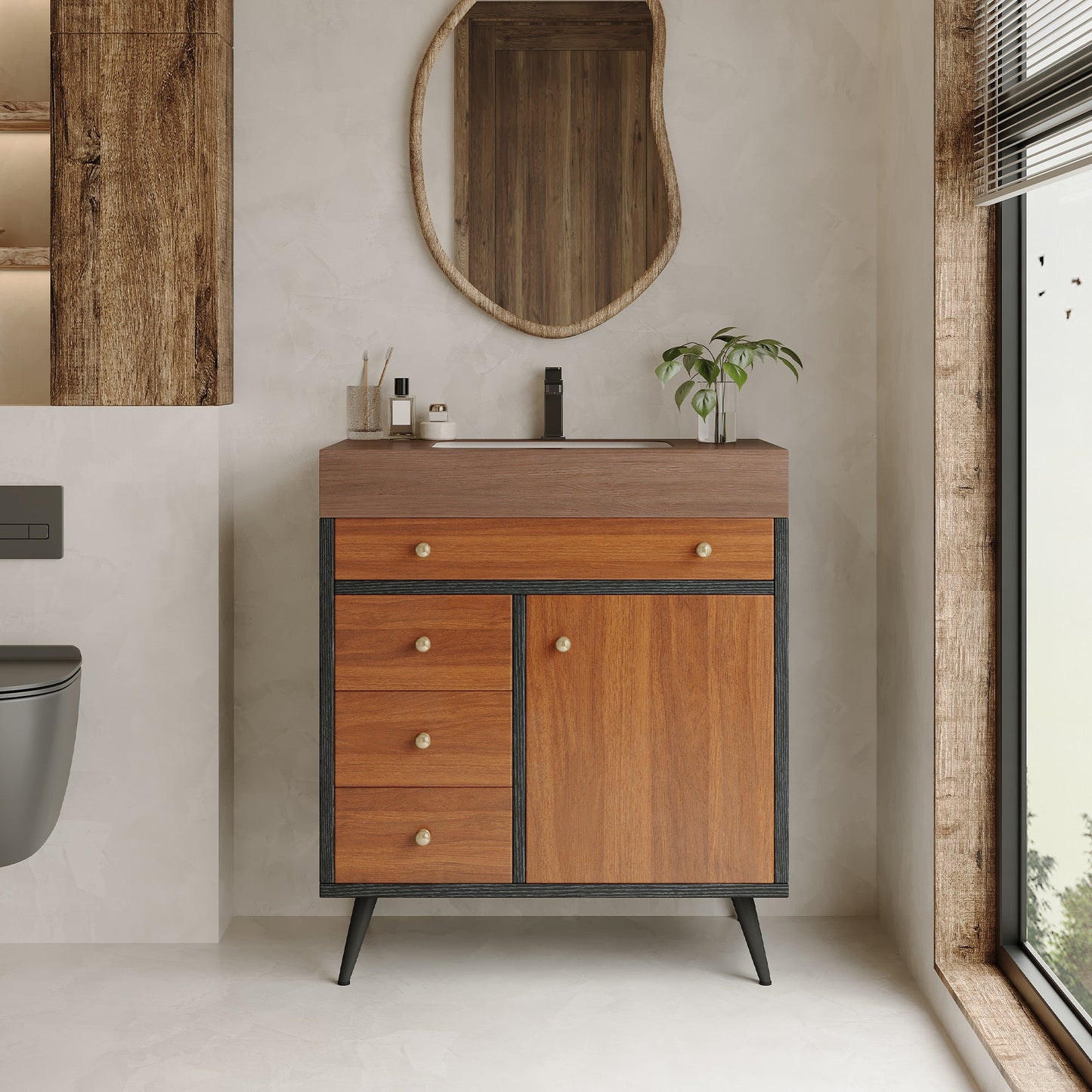 Mid-Century Modern Free-Standing Bathroom Vanity with Ceramic Sink & Sintered Stone Top