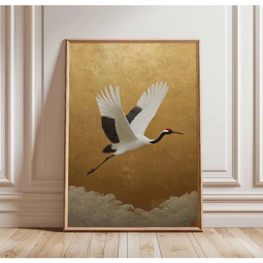 Japanese Elegant Crane Birds Nature Poster Flying Cranes in Gold and White Canvas Painting Asian Wall Art Living Room Home Decor
