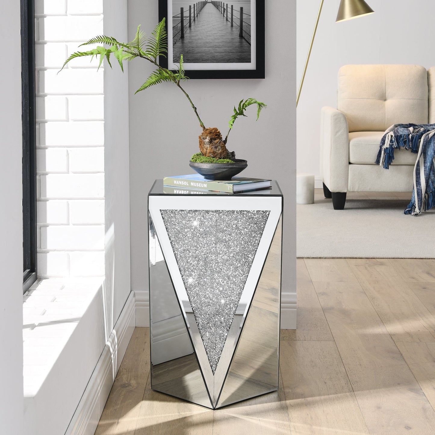 Inverted Triangle Mirror Coffee Table, Crystal Diamond Inlaid, Silver Glass