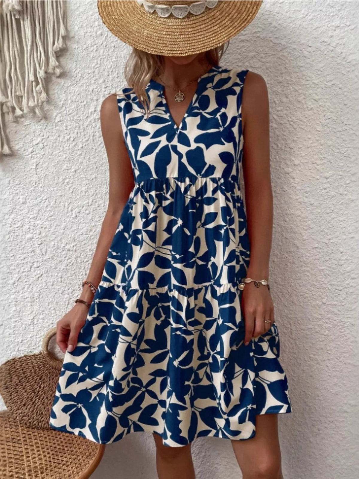 Full Size Printed Notched Sleeveless Mini Dress Plus Size