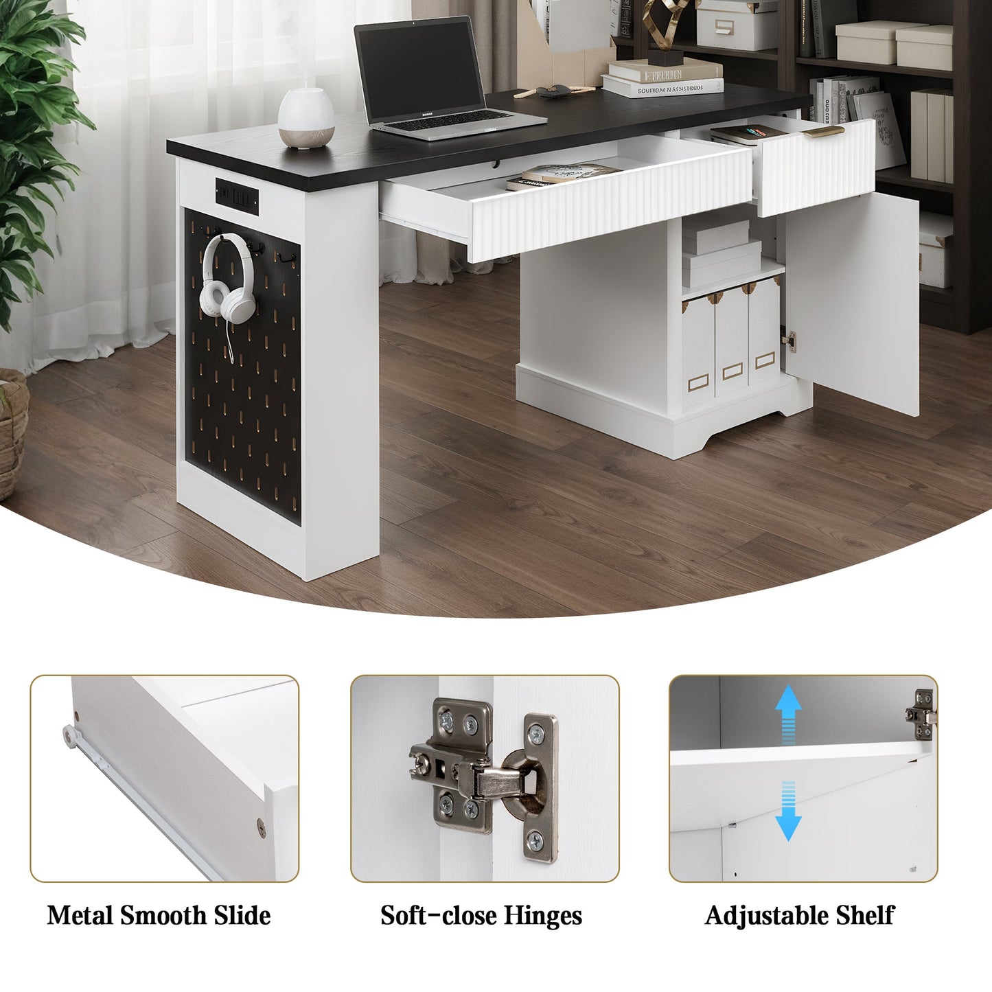 55' Modern Fluted Office Desk with Storage Cabinet and Drawers, Computer Writ...