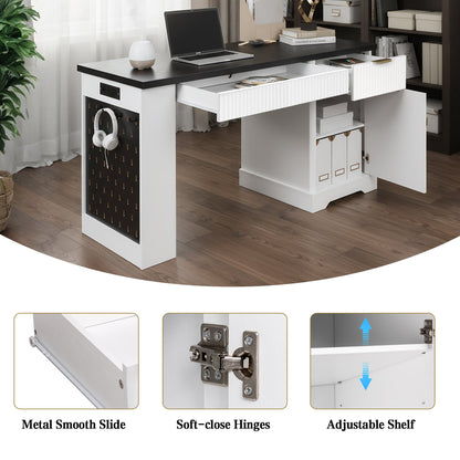 55' Modern Fluted Office Desk with Storage Cabinet and Drawers, Computer Writ...
